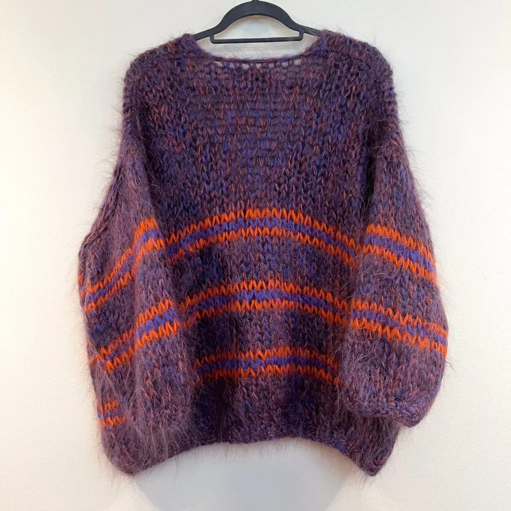 Les Tricots d'O Purple Kid Mohair Blend Striped Hand Knit V Neck Chunky Sweater - Picture 8 of 11